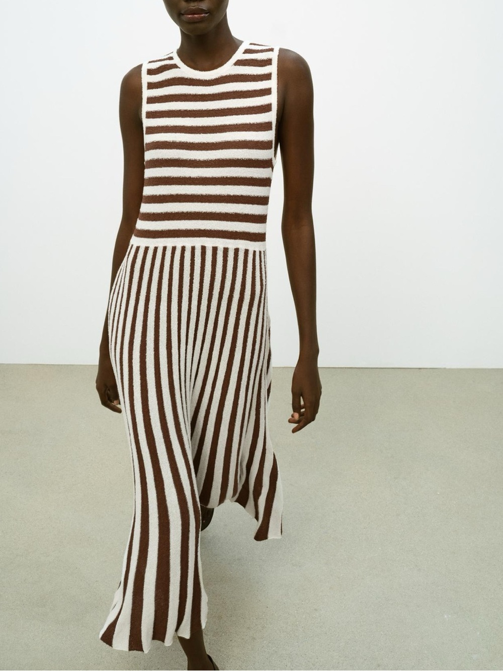 ZARA LONG TEXTURED PLEATED STRIPED DRESS